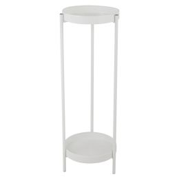 Modern Plant Stand, Foldable Potted Plant Holder with 2 Round Trays, Metal Flowers Pot Base for Indoor and Outdoor, White