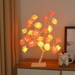 Best-selling Detachable Plastic Base USB Switch LED Simulation Rose Tree Lamp Home Decoration Night Light (Color: White Base,White Pink Rose)
