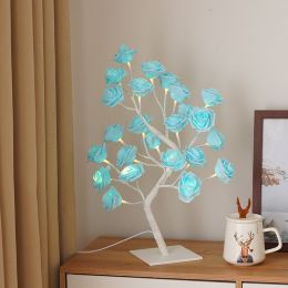 Best-selling Detachable Plastic Base USB Switch LED Simulation Rose Tree Lamp Home Decoration Night Light (Color: White Base,Blue Rose)