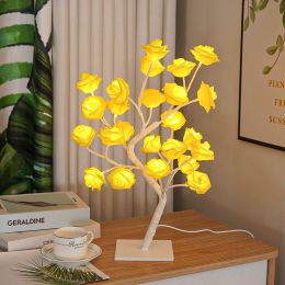 Best-selling Detachable Plastic Base USB Switch LED Simulation Rose Tree Lamp Home Decoration Night Light (Color: White Base,Yellow Rose)