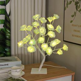 Best-selling Detachable Plastic Base USB Switch LED Simulation Rose Tree Lamp Home Decoration Night Light (Color: White Base,Green Rose)