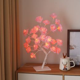 Best-selling Detachable Plastic Base USB Switch LED Simulation Rose Tree Lamp Home Decoration Night Light (Color: White Base,Pink Rose)