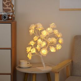 Best-selling Detachable Plastic Base USB Switch LED Simulation Rose Tree Lamp Home Decoration Night Light (Color: White Base,White Rose)