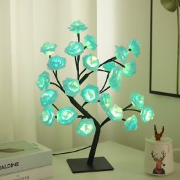 Best-selling Detachable Plastic Base USB Switch LED Simulation Rose Tree Lamp Home Decoration Night Light (Color: Black Base,Blue Rose)
