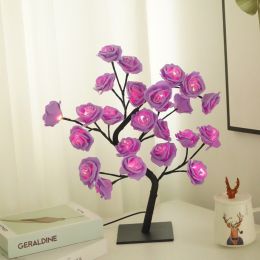 Best-selling Detachable Plastic Base USB Switch LED Simulation Rose Tree Lamp Home Decoration Night Light (Color: Black Base,Purple Rose)