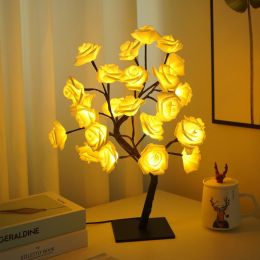 Best-selling Detachable Plastic Base USB Switch LED Simulation Rose Tree Lamp Home Decoration Night Light (Color: Black Base,White Rose)