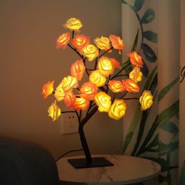 Best-selling Detachable Plastic Base USB Switch LED Simulation Rose Tree Lamp Home Decoration Night Light (Color: Black Base,White Pink Rose)
