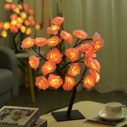 Best-selling Detachable Plastic Base USB Switch LED Simulation Rose Tree Lamp Home Decoration Night Light (Color: Black Base,Pink Rose)